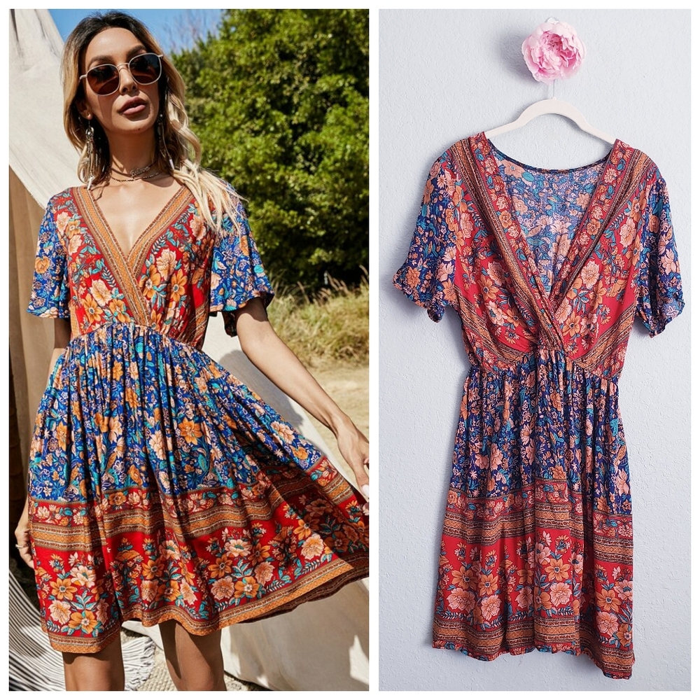 Multicolor Floral Bohemian V-Neck Mini Dress